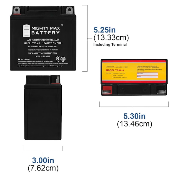 YB9A-A 12V 9AH Replacement Battery Compatible With Polaris YB9A-A, YB9AA Snowmobile - 4PK